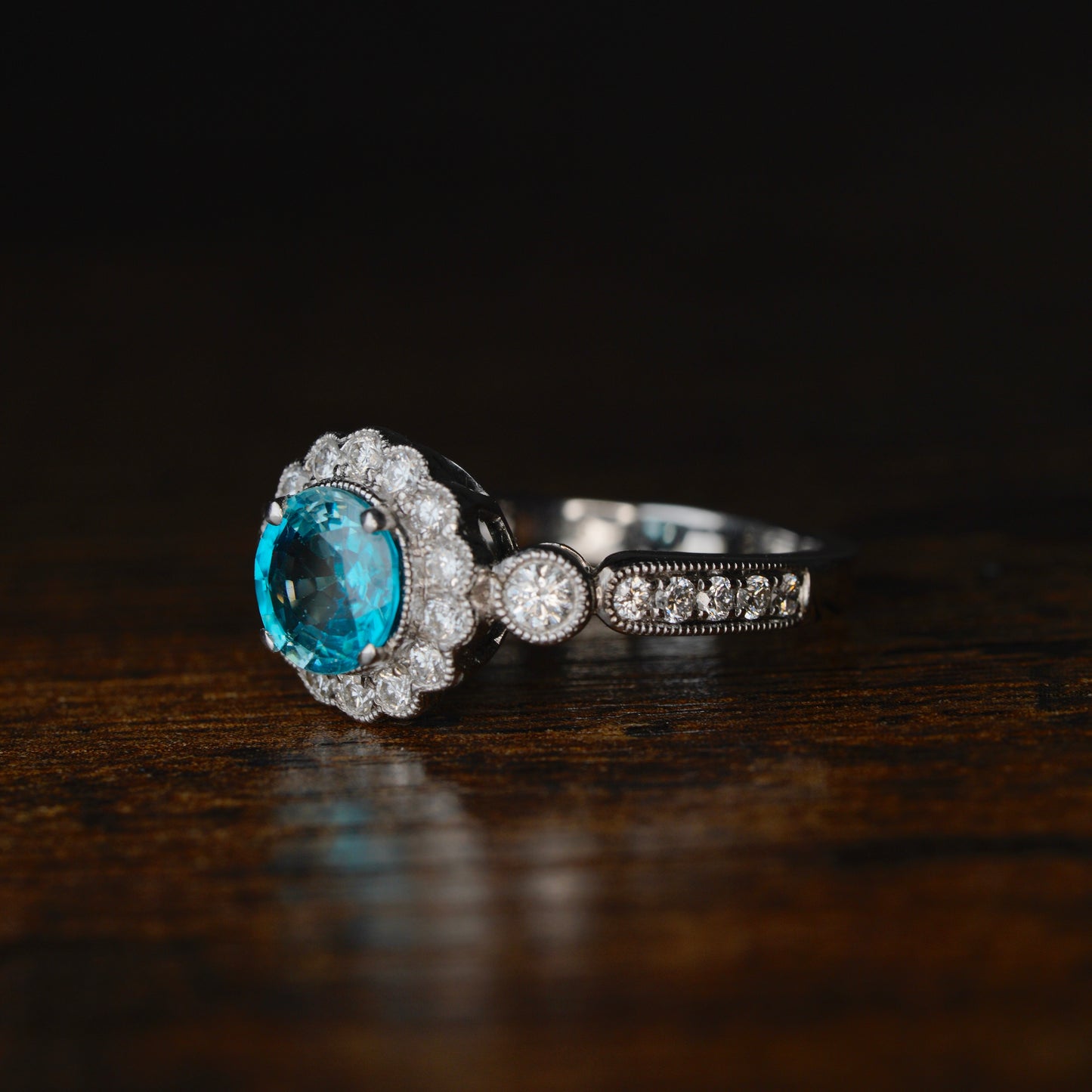 ~1.51 ct. Natural Blue Zircon Ring with Diamonds
