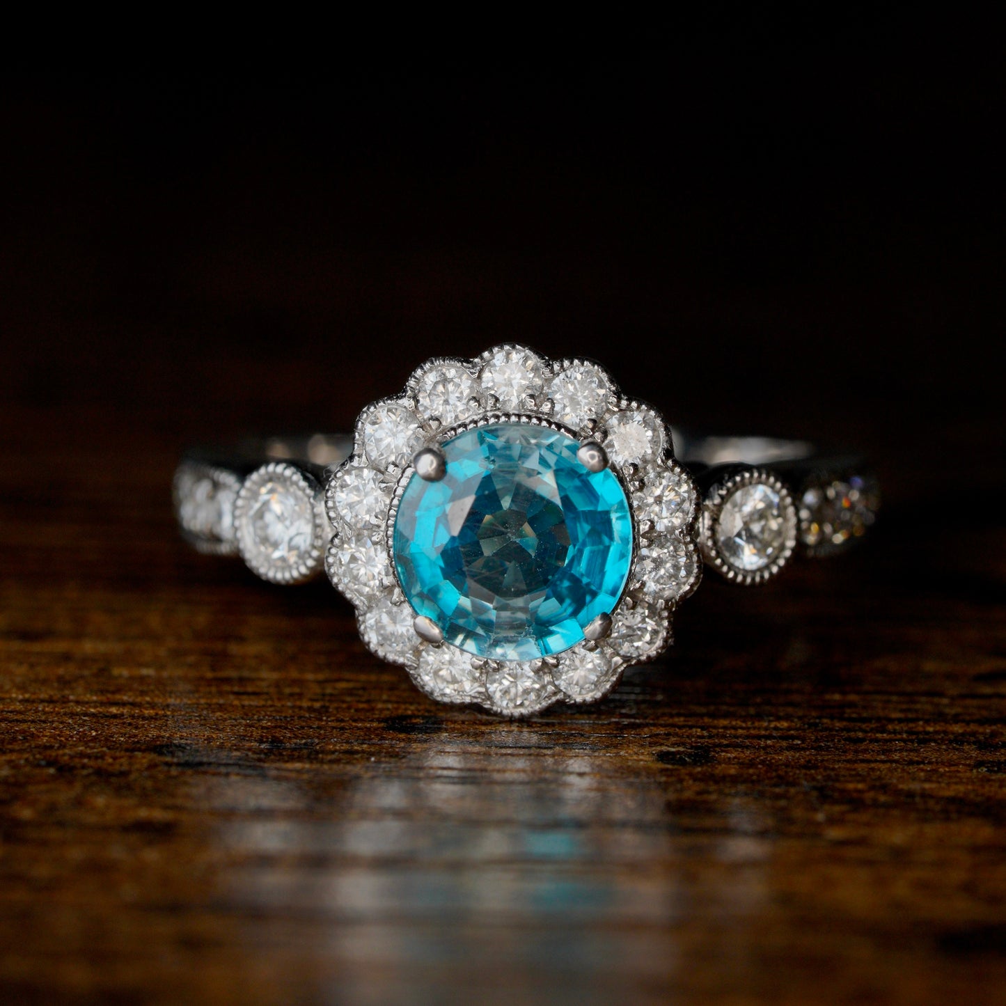 ~1.51 ct. Natural Blue Zircon Ring with Diamonds