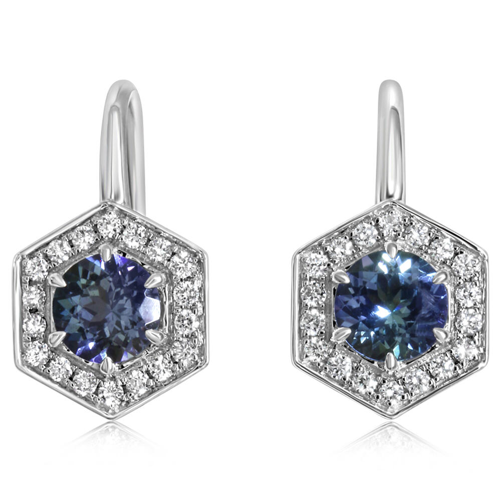Peacock Tanzanite & Diamonds Earrings in 14k White Gold
