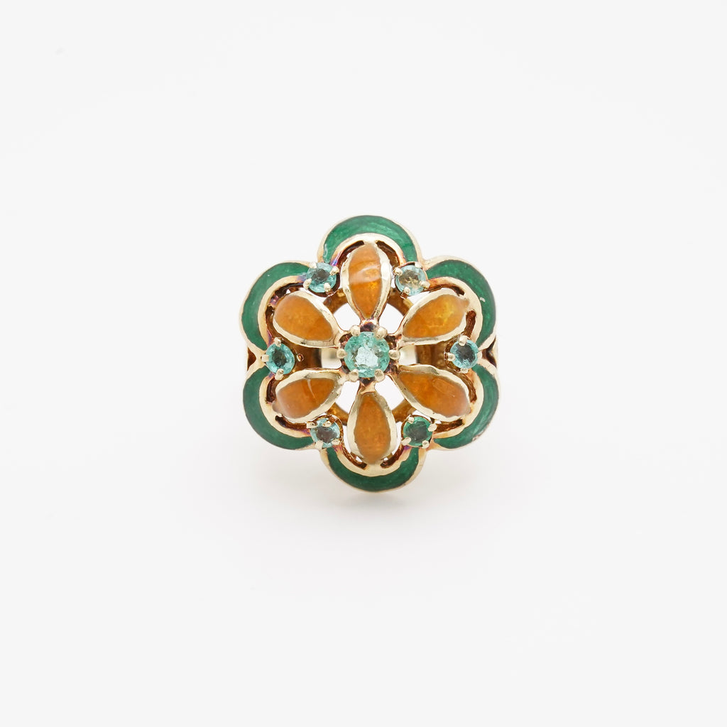 Vintage 14K Yellow Gold Champlevé Enamel Floral Cocktail Ring with Green Beryl