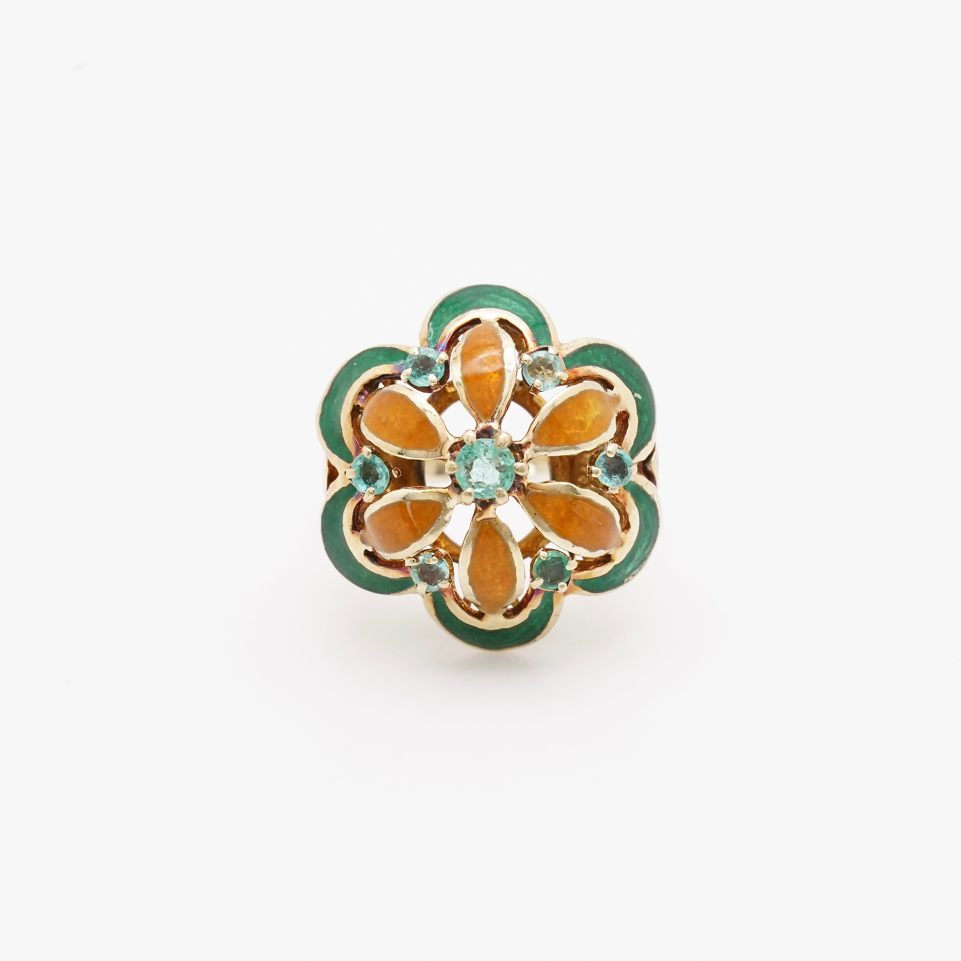 Vintage 14K Yellow Gold Champlevé Enamel Floral Cocktail Ring with Green Beryl