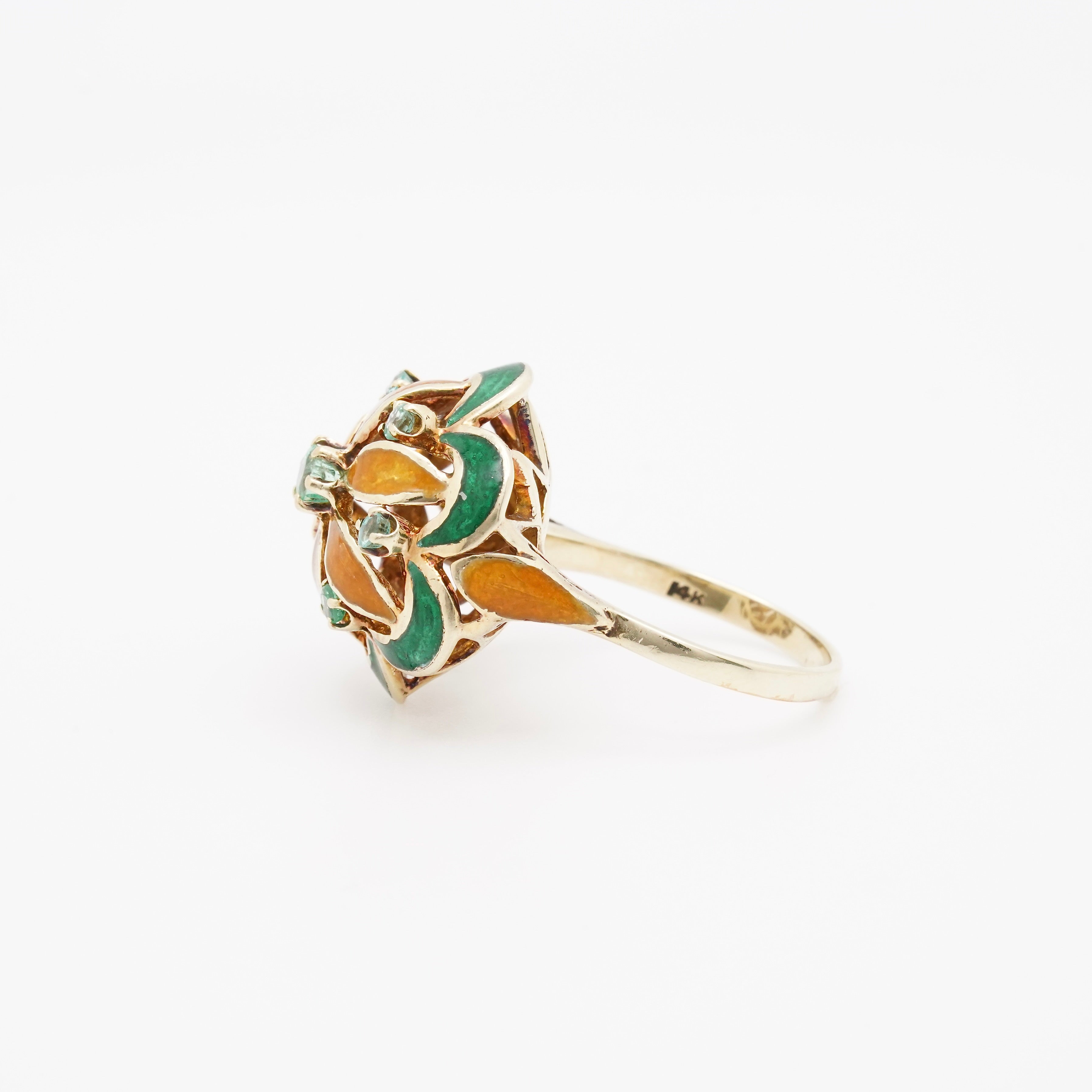 Vintage 14K Yellow Gold Champlevé Enamel Floral Cocktail Ring with Green Beryl