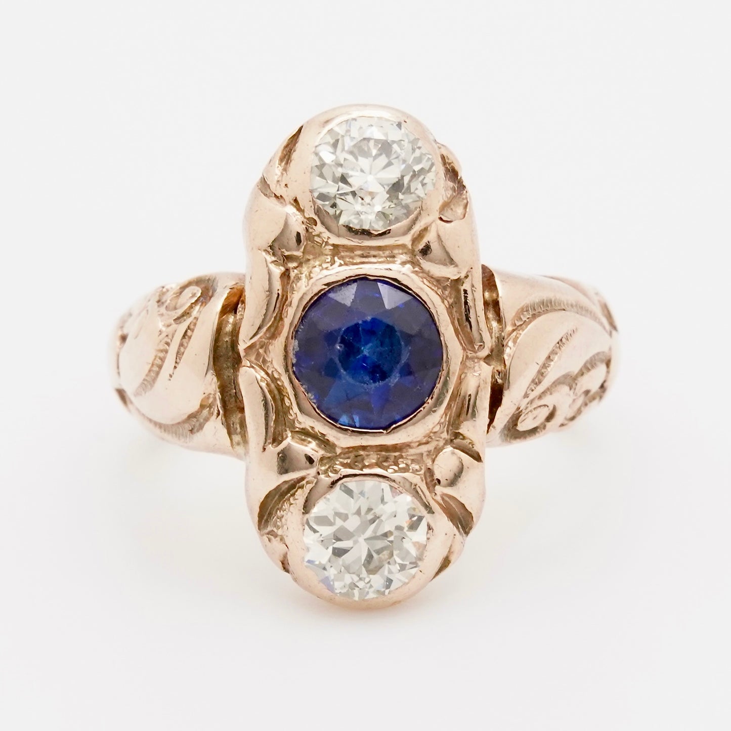 Late Edwardian Three-Stone Diamond & Sapphire Ring in 10K Gold
