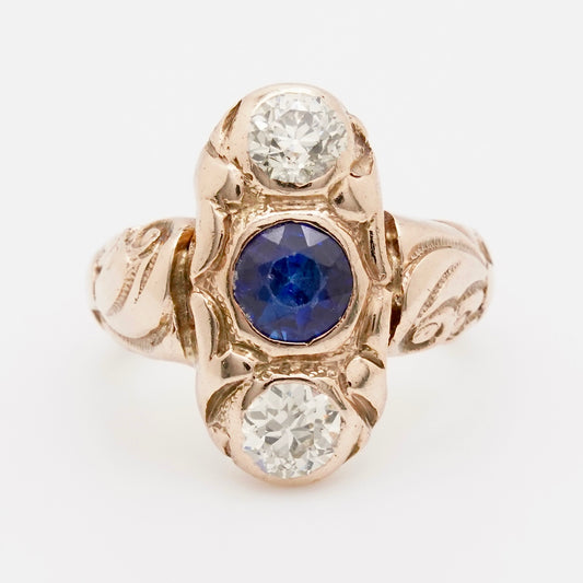 Late Edwardian Three-Stone Diamond & Sapphire Ring in 10K Gold