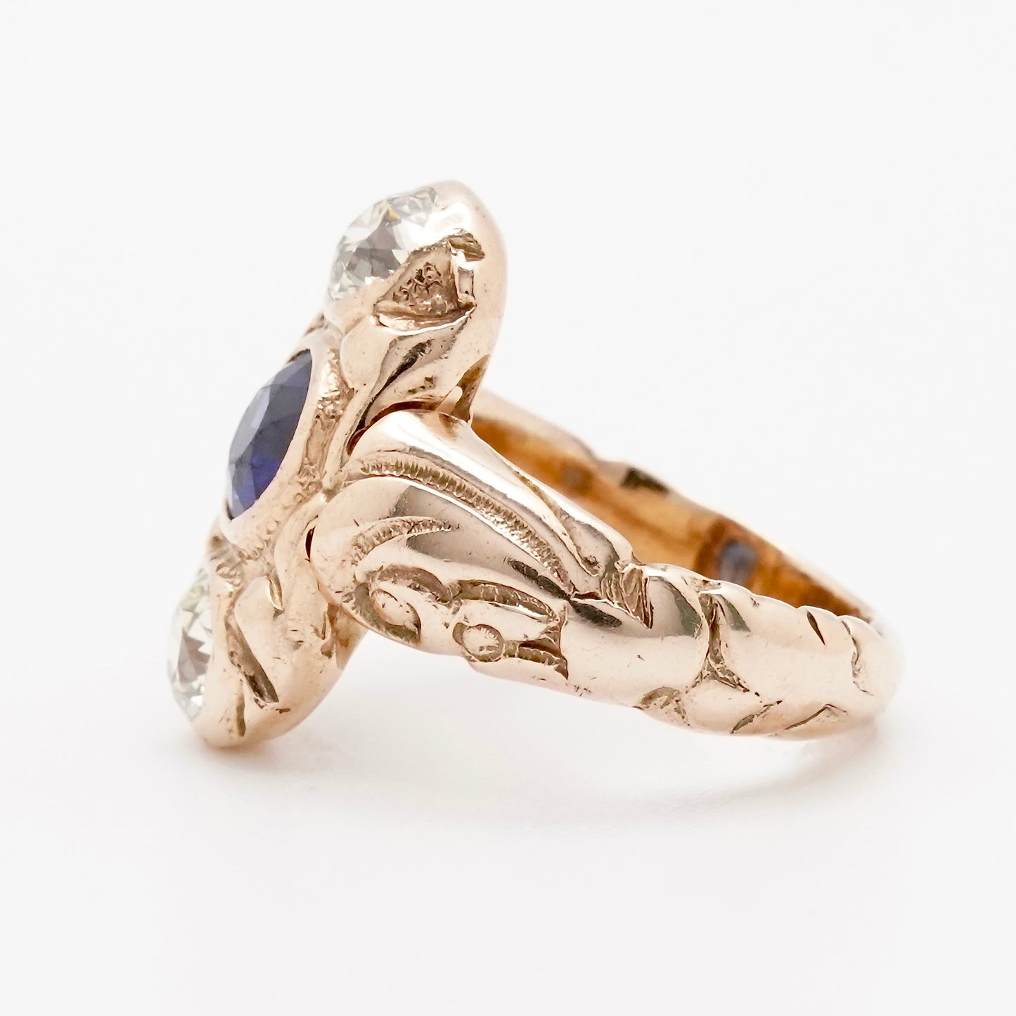 Late Edwardian Three-Stone Diamond & Sapphire Ring in 10K Gold