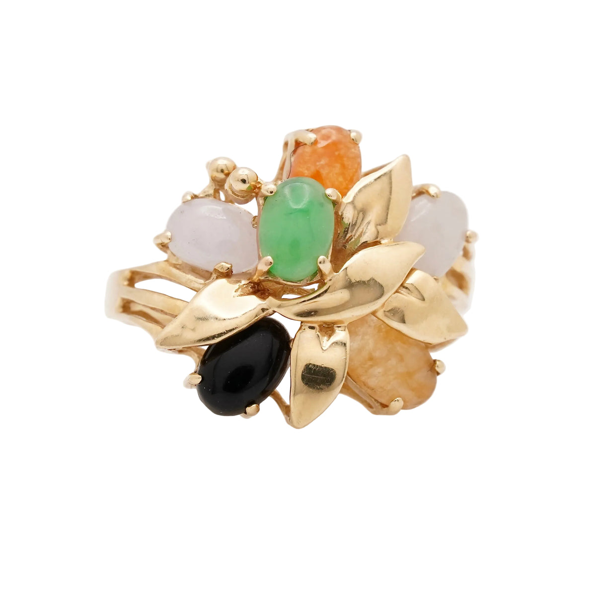 Front view of a vintage 14k yellow gold ring featuring a cluster of multi-colored jade cabochons (mostly jadeite) in green, lavender, black, and orange tones, accented by sculpted gold leaf motifs. Size 5.5, weighs 3.86 grams.