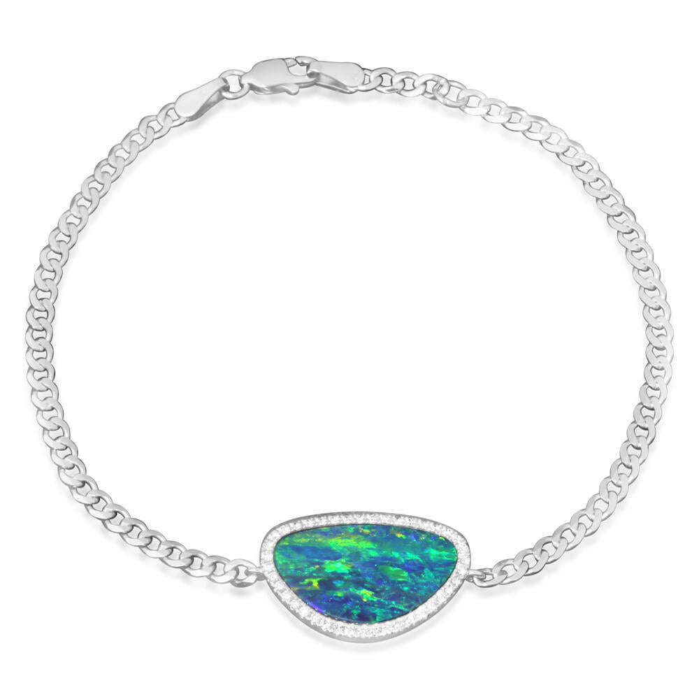Australian Opal Doublet & Diamond Bracelet in White 14K Gold
