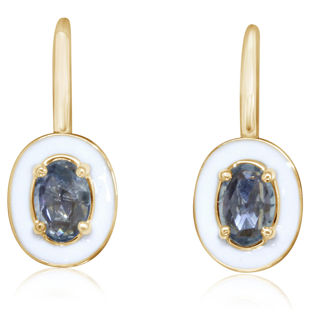 Montana Sapphire Earrings with White Enamel in 14K Yellow Gold
