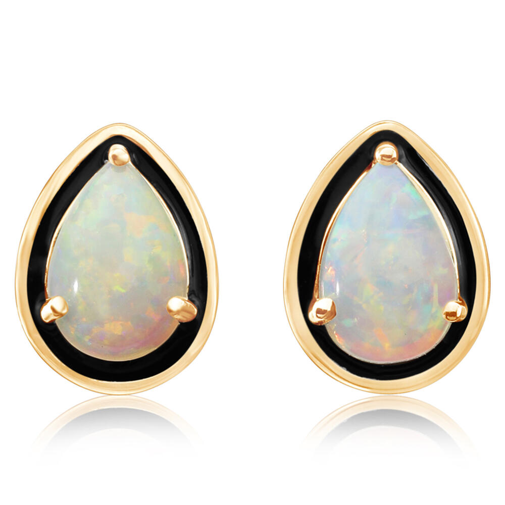 Australian Opal Earrings with Black Enamel in 14K Yellow Gold