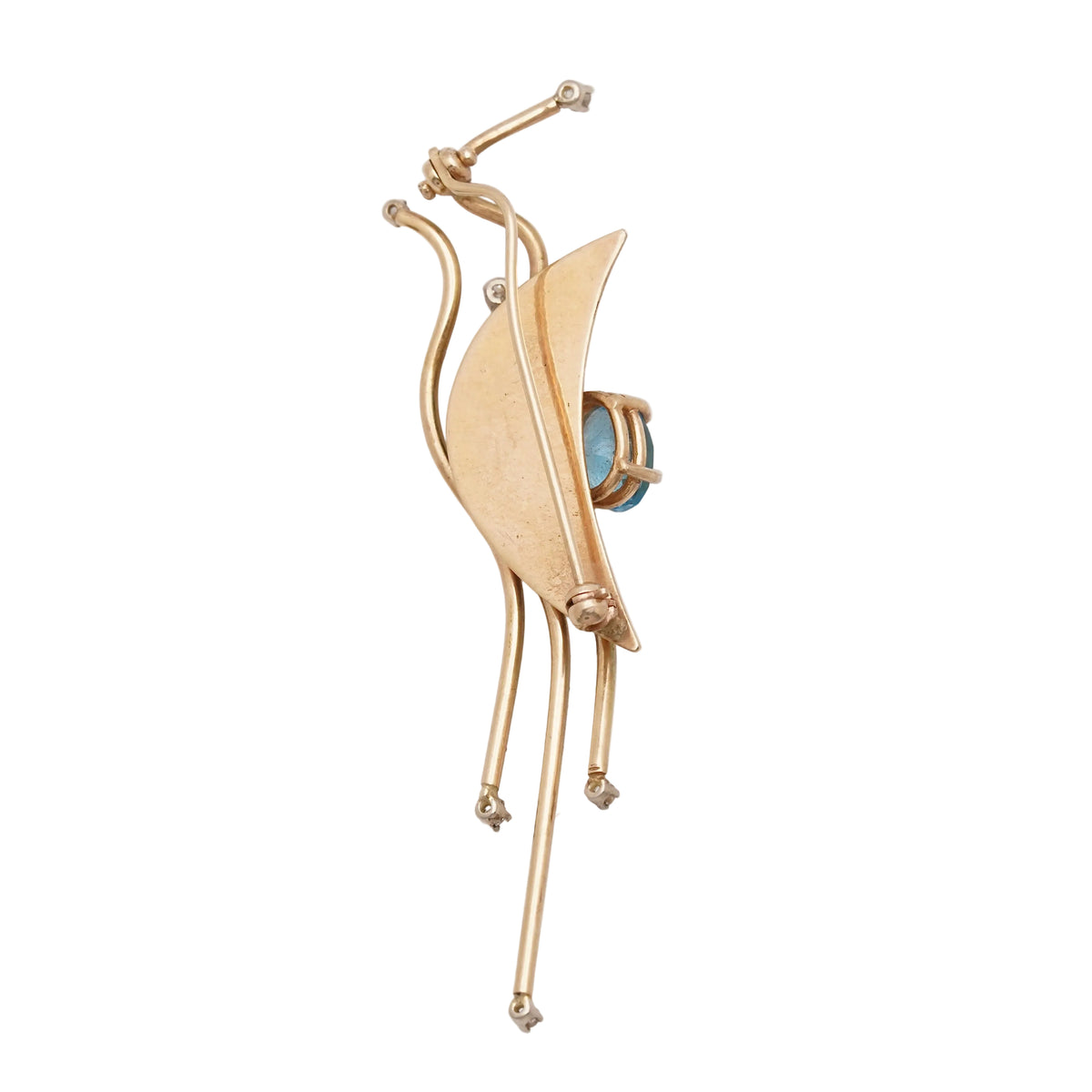 Estate yellow gold blue topaz and diamond pin showing hinge and clasp