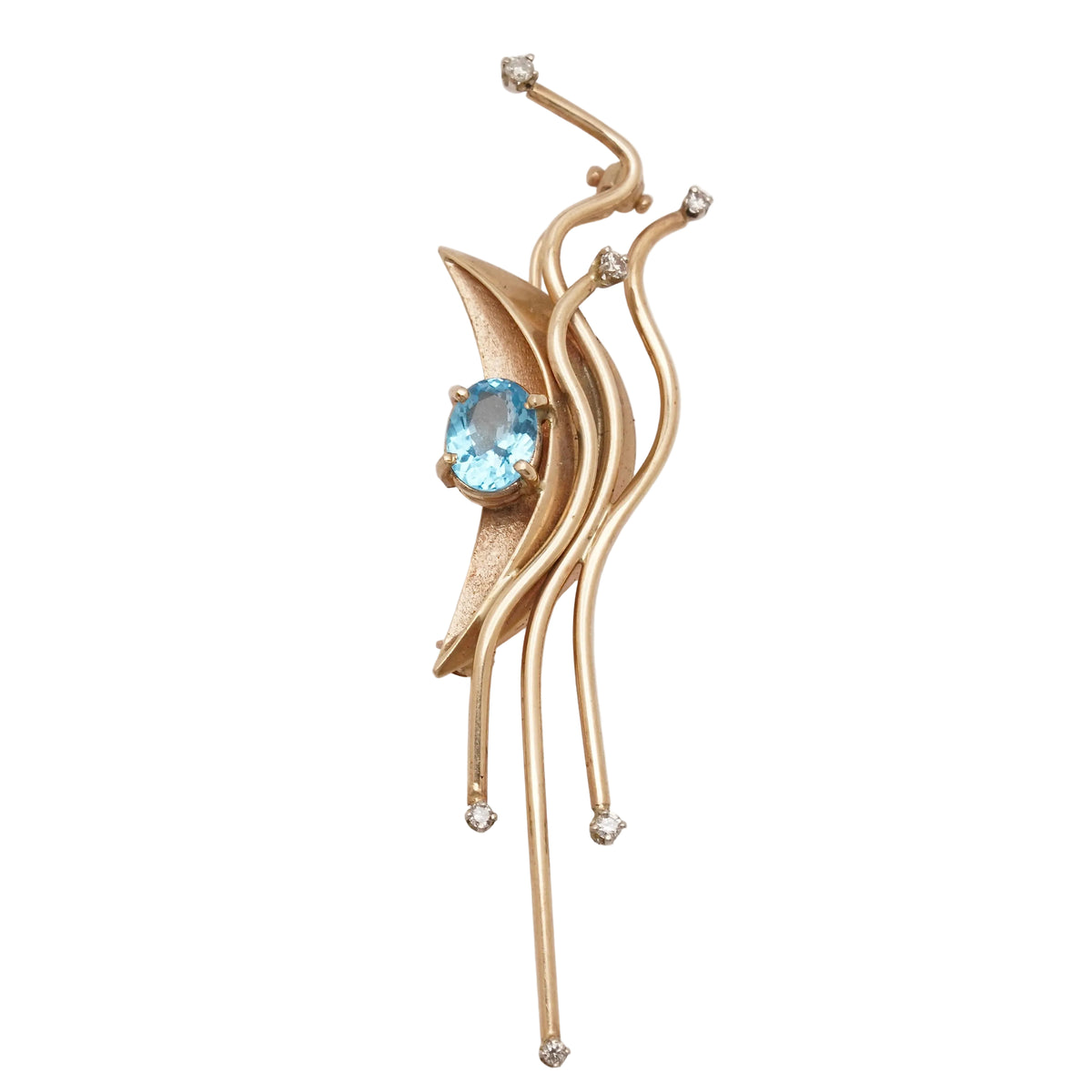 Estate modernist yellow gold pin with oval blue topaz and six small diamonds, front view