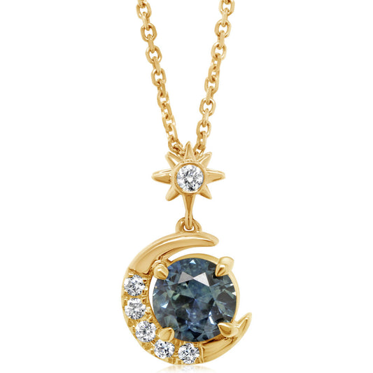 1.08ct. Montana Sapphire & Diamond Moon Pendant in 14k Gold
