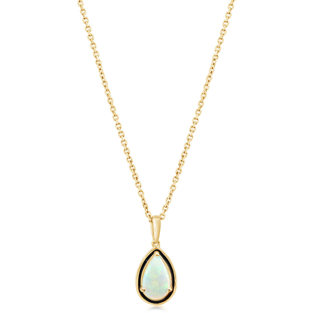 Australian Opal Pendant with Black Enamel in 14K Yellow Gold