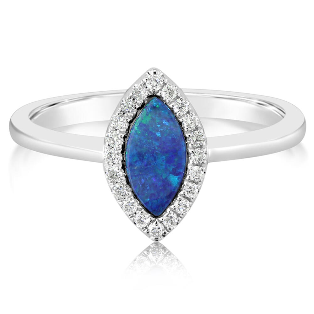 Australian Opal Doublet & Diamond Ring in 14K White Gold