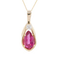 Gold pendant with a pink rubellite gemstone and diamond on a white background