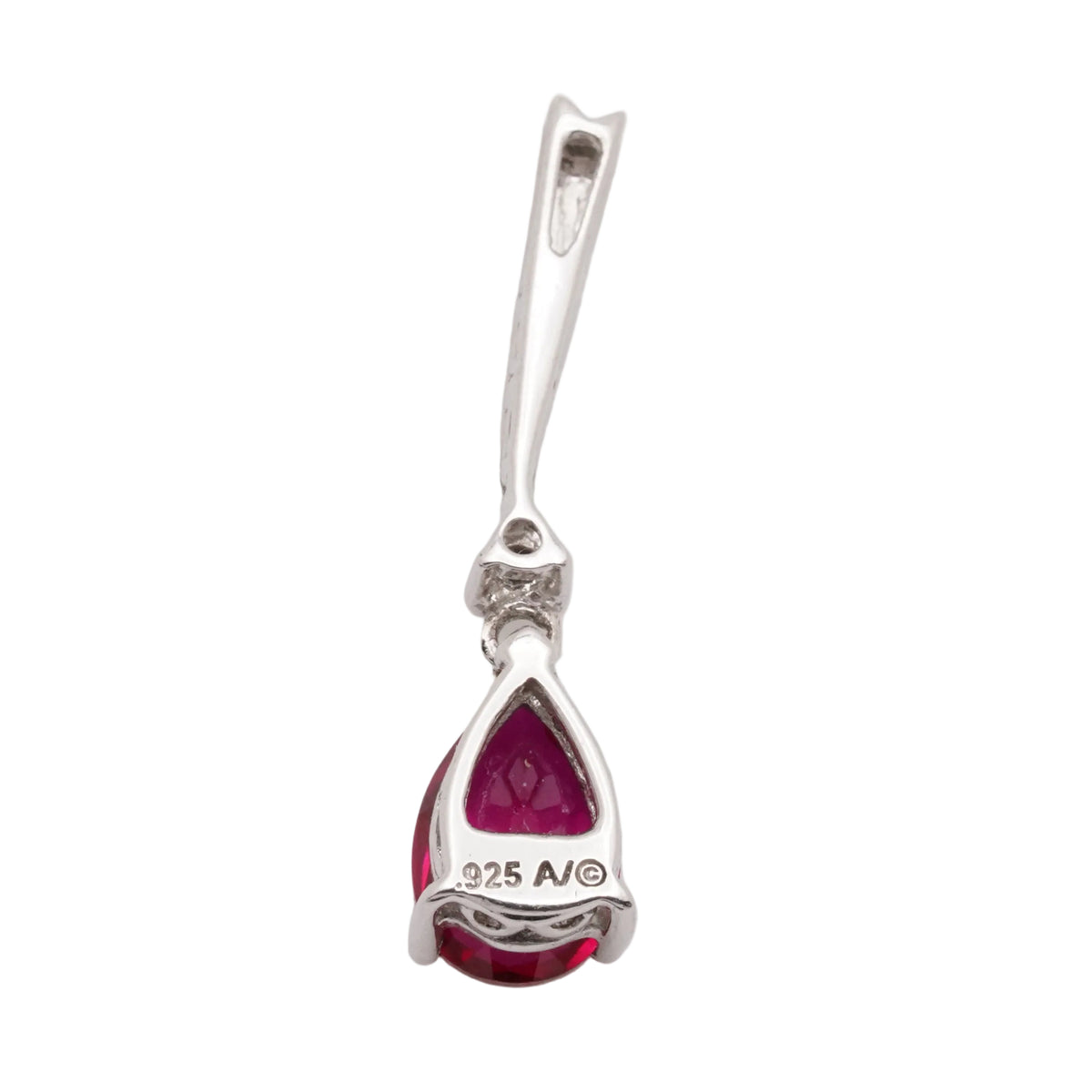 Back of a pear-shaped synthetic ruby pendant in sterling silver, open setting.