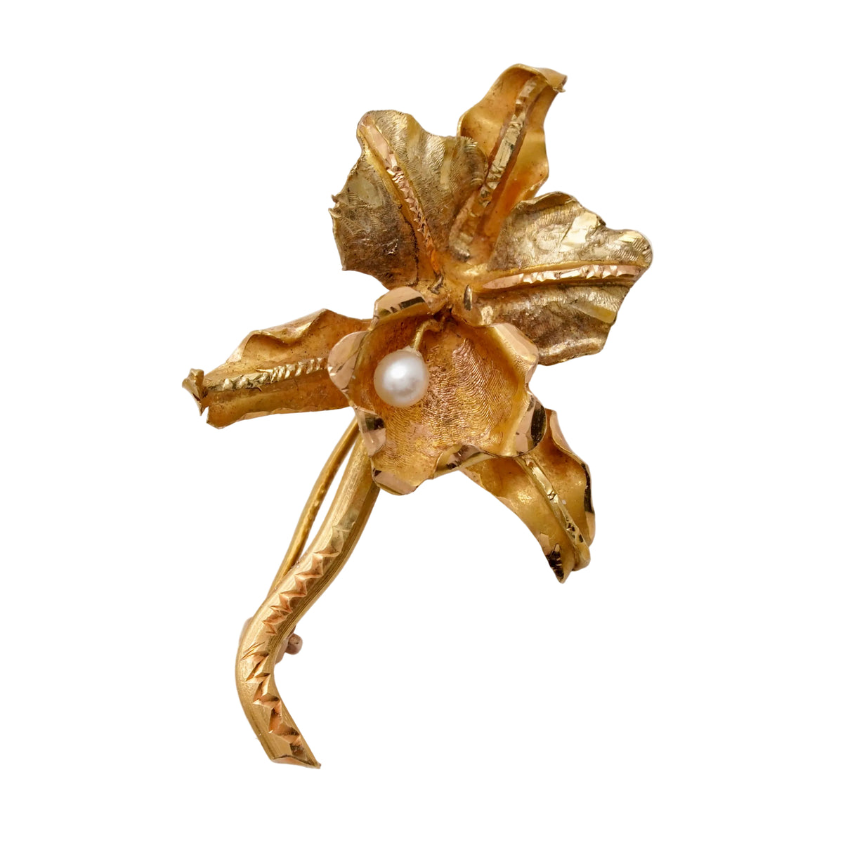 vintage iris and pearl brooch in 18k gold