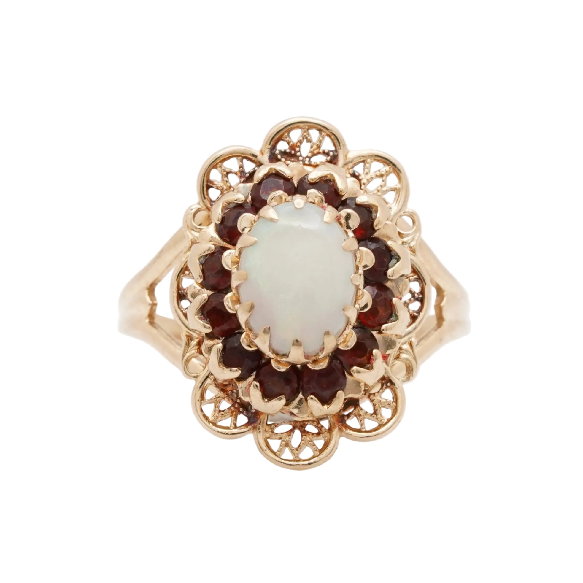vintage opal and garnet ring in 10k yellow gold